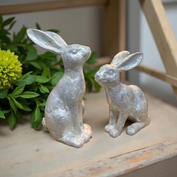 Faux Capiz Bunny Pair French Country Coastal Shabby Chic Farmhouse Decor - Picture 7 of 12